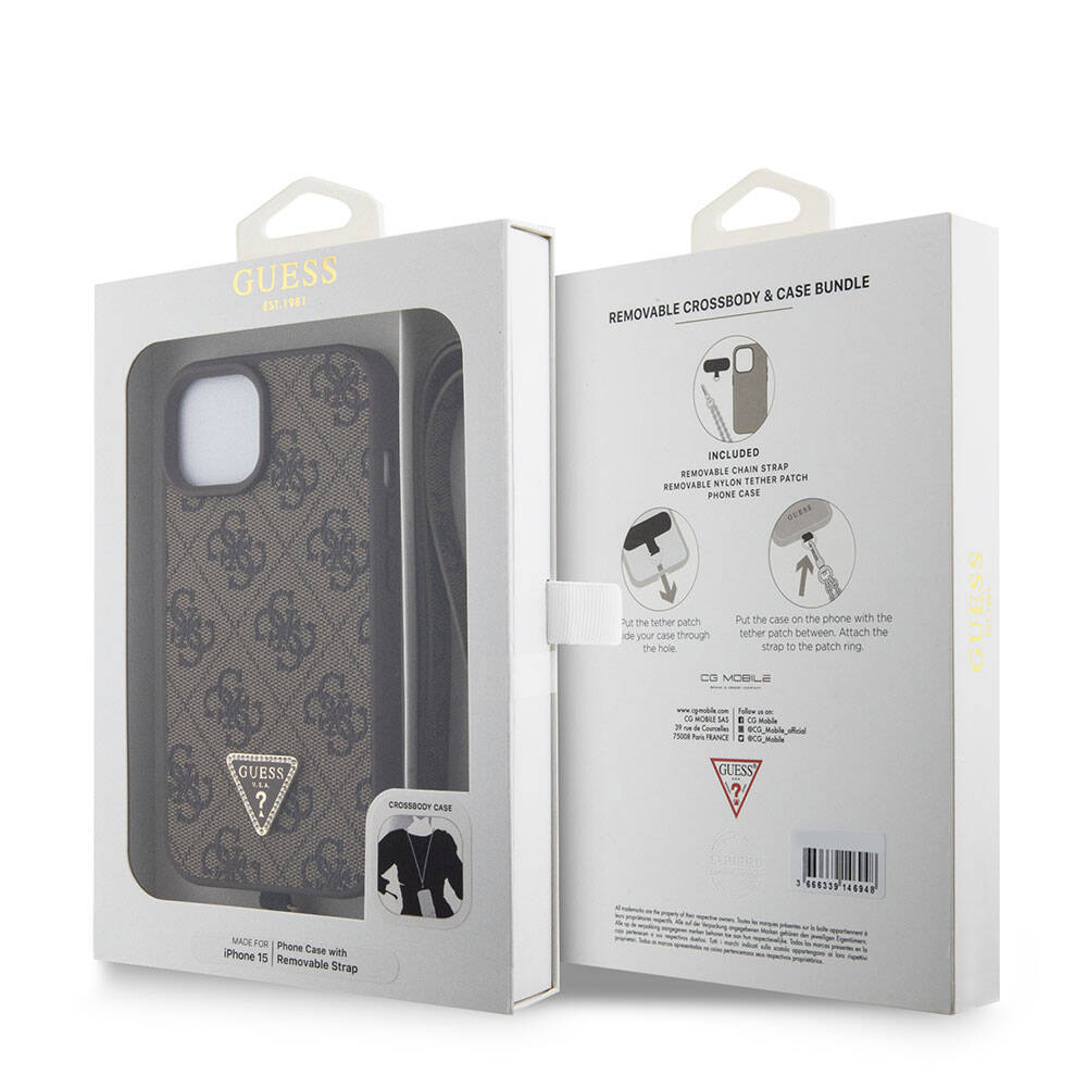 Hülle für Apple iPhone 15, Guess, Crossbody 4G Metal Logo, Braun