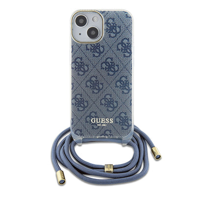 Étui pour Apple iPhone 15, Guess, Crossbody Cord 4G Print, Bleu