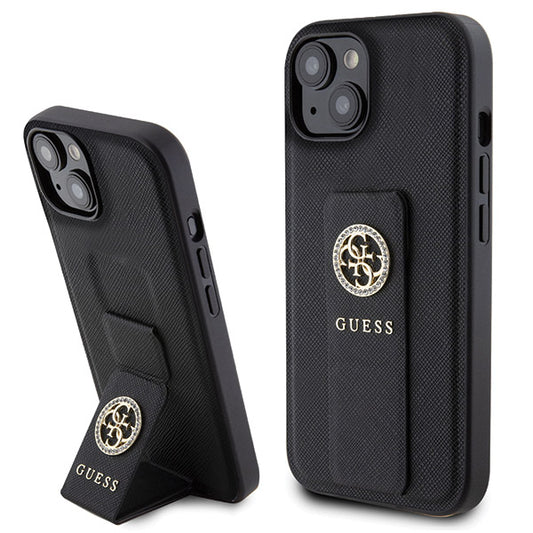 Étui pour Apple iPhone 15, Guess, Grip Stand 4G Saffiano Strass, Noir