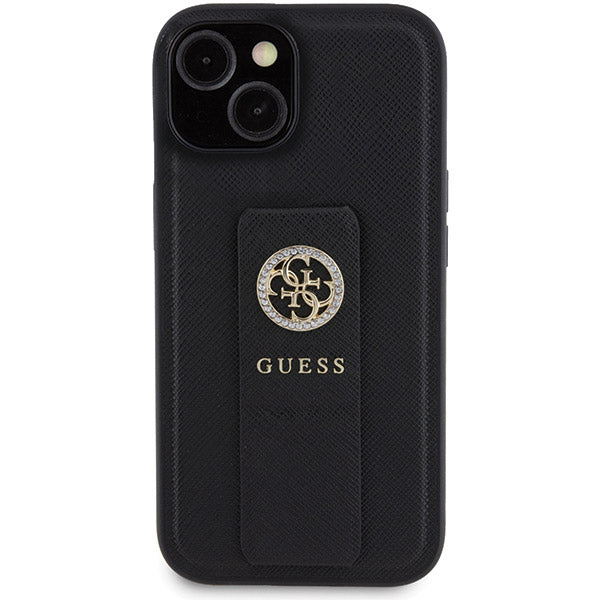 Hülle für Apple iPhone 15, Guess, Grip Stand 4G Saffiano Strass, Schwarz