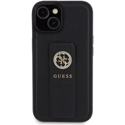 Hülle für Apple iPhone 15, Guess, Grip Stand 4G Saffiano Strass, Schwarz