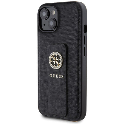 Hülle für Apple iPhone 15, Guess, Grip Stand 4G Saffiano Strass, Schwarz