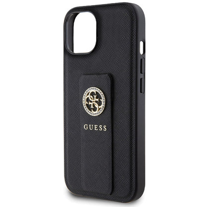 Hülle für Apple iPhone 15, Guess, Grip Stand 4G Saffiano Strass, Schwarz
