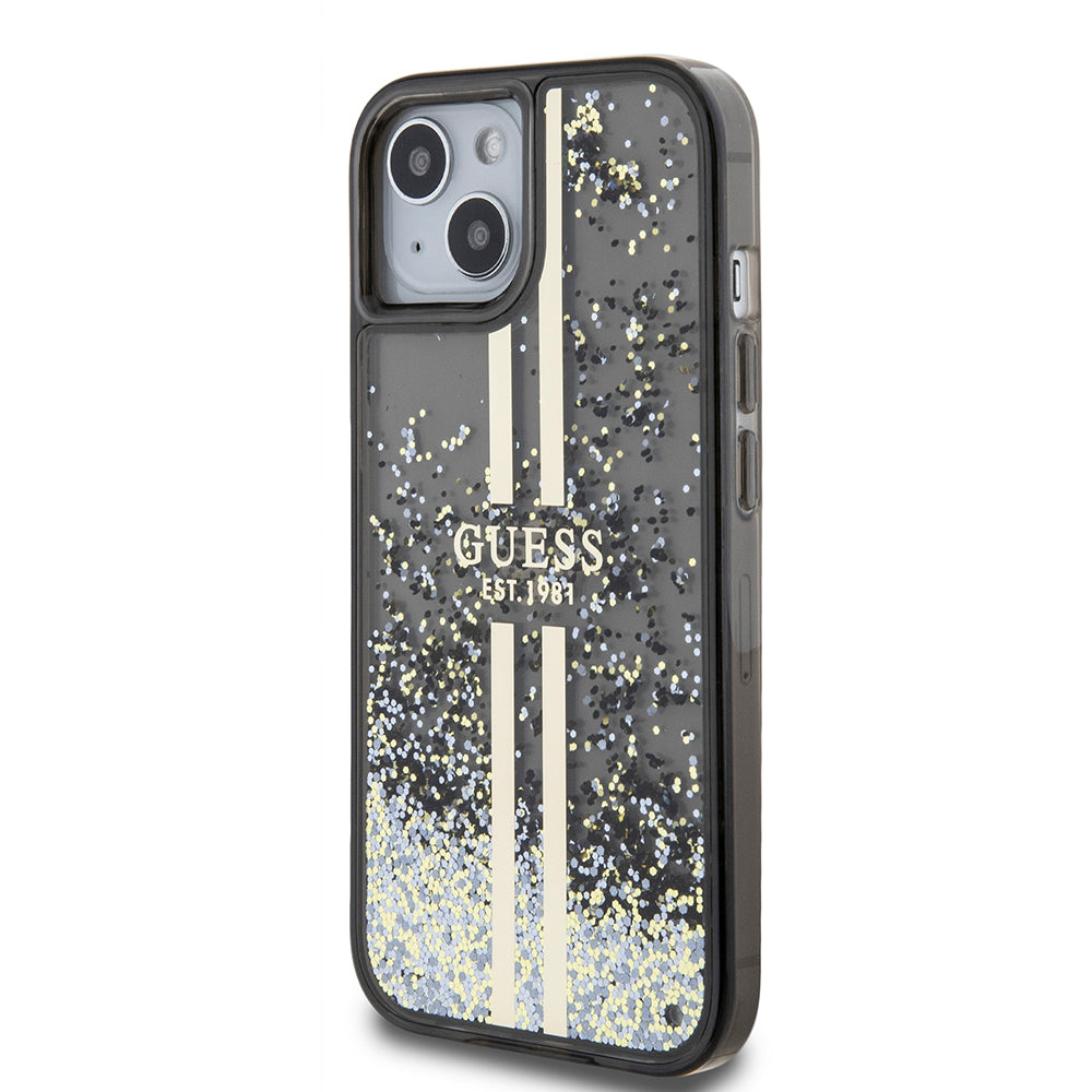 Étui pour Apple iPhone 15, Guess, Liquid Glitter Gold Stripes, Noir