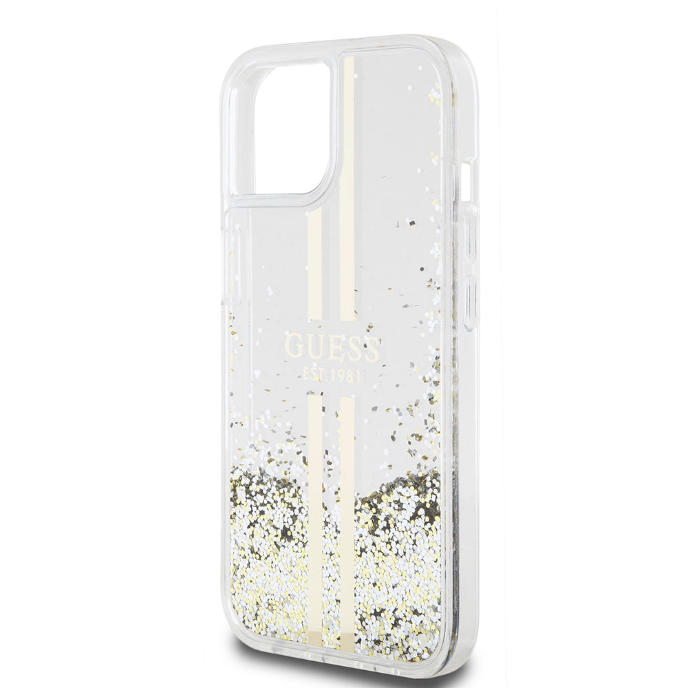 Étui pour Apple iPhone 15, Guess, Liquid Glitter Gold Stripes, Transparent