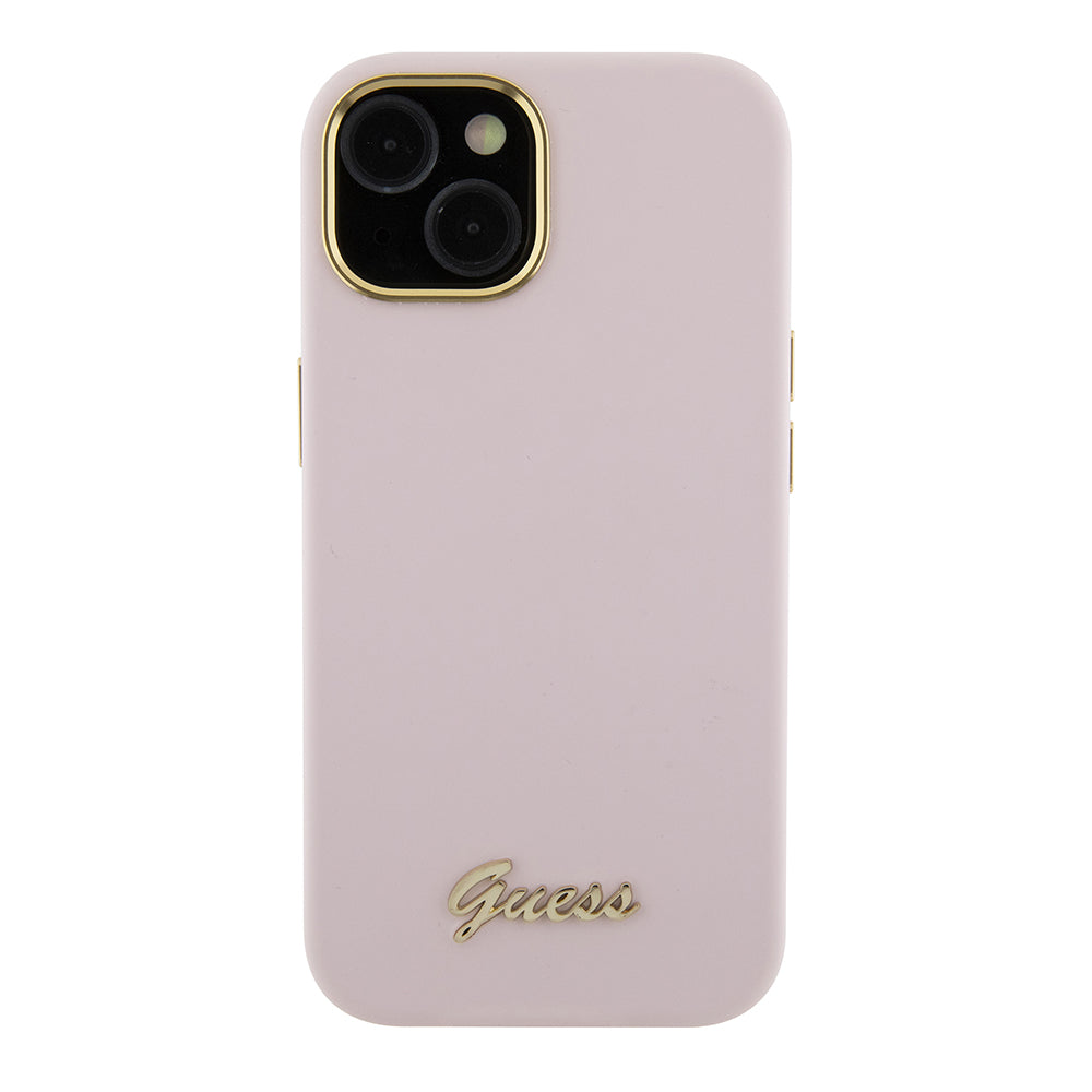 Étui pour Apple iPhone 15, Guess, Script Metal Logo & Frame, Rose Clair