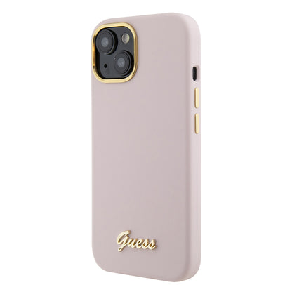 Étui pour Apple iPhone 15, Guess, Script Metal Logo & Frame, Rose Clair