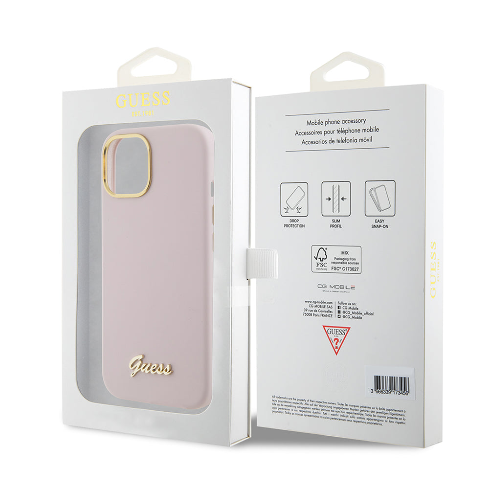 Étui pour Apple iPhone 15, Guess, Script Metal Logo & Frame, Rose Clair