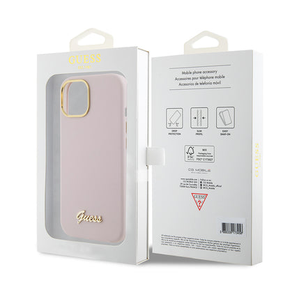 Étui pour Apple iPhone 15, Guess, Script Metal Logo & Frame, Rose Clair