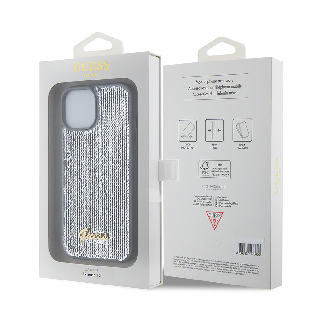Hülle für Apple iPhone 15, Guess, Sequin Script Metal, Silber