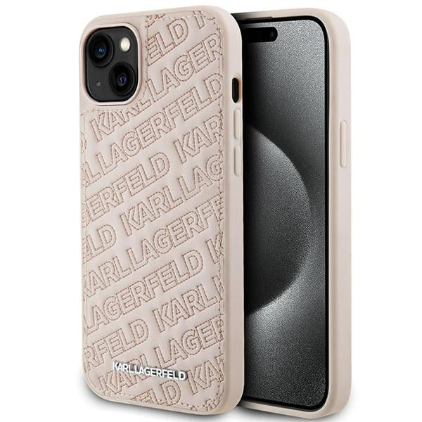 Étui pour Apple iPhone 15, Karl Lagerfeld, motif matelassé diagonal K, Rose.