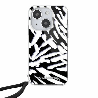 Hülle für Apple iPhone 15, Karl Lagerfeld, IML Luxury Zebra Muster mit Trageriemen, Schwarz