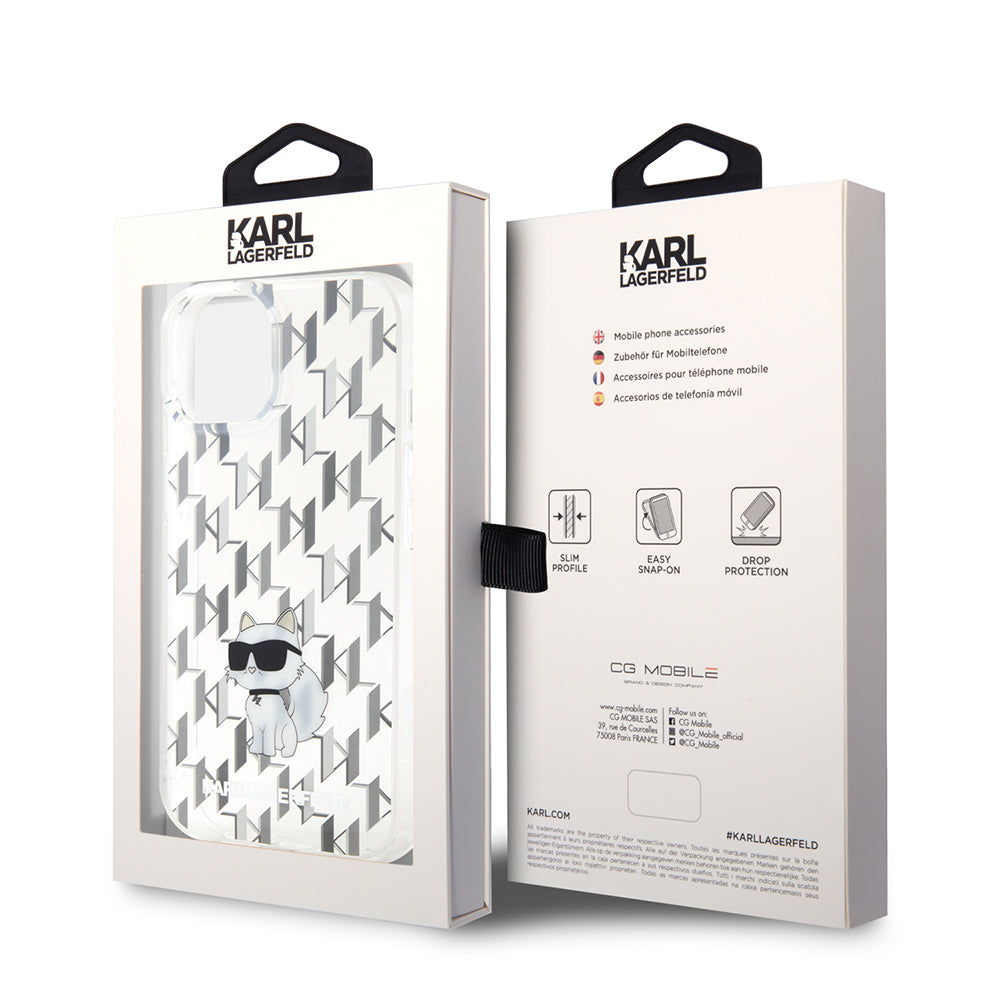 Étui pour Apple iPhone 15, Karl Lagerfeld, Monogram Choupette, Transparent