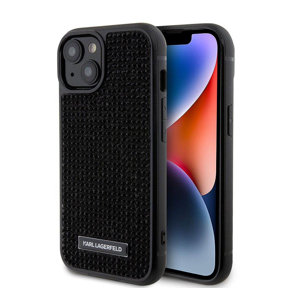 Étui pour Apple iPhone 15, Karl Lagerfeld, Plaque Métallique Strass, Noir