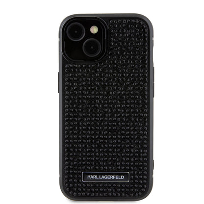 Étui pour Apple iPhone 15, Karl Lagerfeld, Plaque Métallique Strass, Noir
