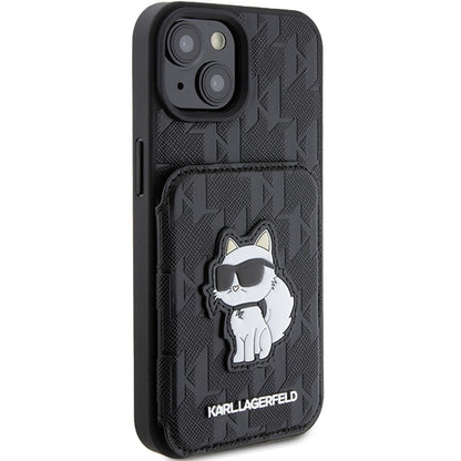 Case for Apple iPhone 15, Karl Lagerfeld, Saffiano Cardslots and Stand Monogram Choupette, Black
