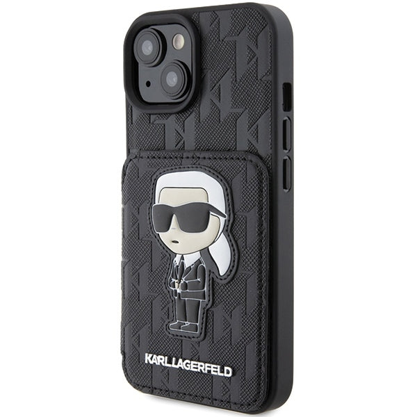 Case for Apple iPhone 15, Karl Lagerfeld, Saffiano Cardslots and Stand Monogram Ikonik Karl, Black