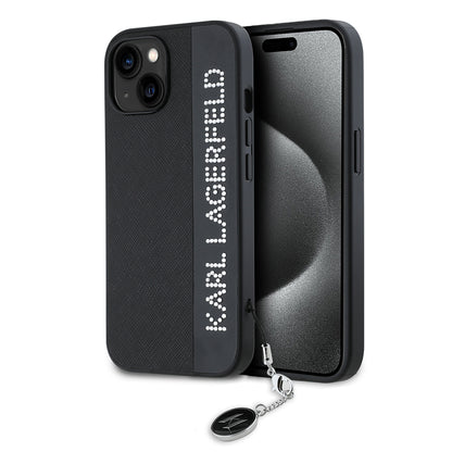 Case for Apple iPhone 15, Karl Lagerfeld, Saffiano Rhinestones & Charm, Black