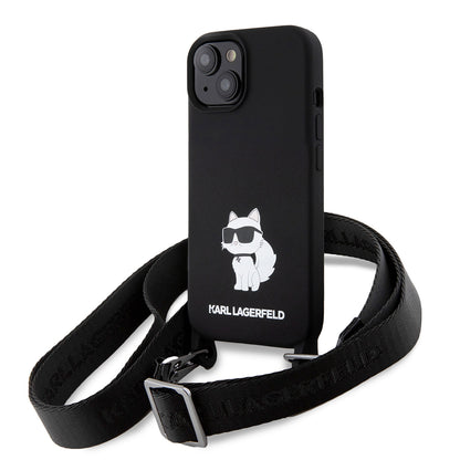 Étui pour Apple iPhone 15, Karl Lagerfeld, Silicone Crossbody Choupette, Noir