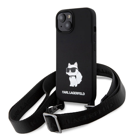 Hülle für Apple iPhone 15, Karl Lagerfeld, Silicone Crossbody Choupette, Schwarz