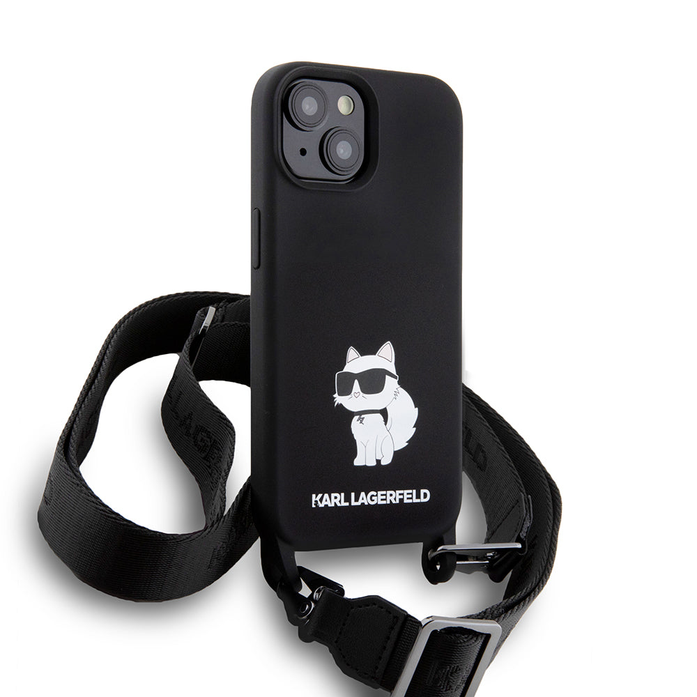 Étui pour Apple iPhone 15, Karl Lagerfeld, Silicone Crossbody Choupette, Noir