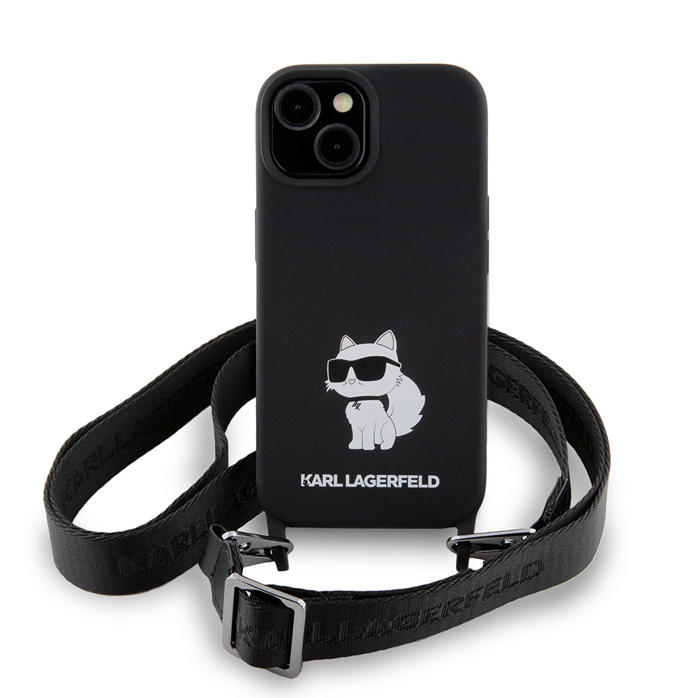 Étui pour Apple iPhone 15, Karl Lagerfeld, Silicone Crossbody Choupette, Noir