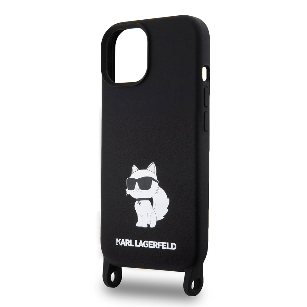 Étui pour Apple iPhone 15, Karl Lagerfeld, Silicone Crossbody Choupette, Noir