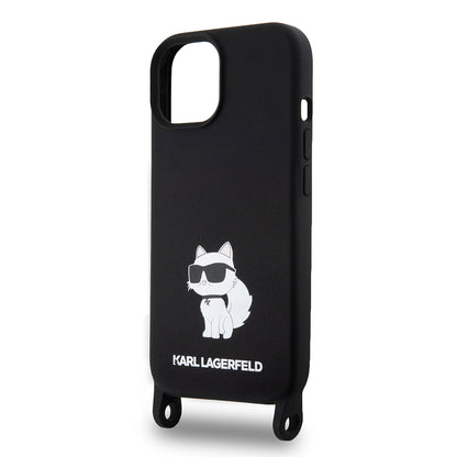 Étui pour Apple iPhone 15, Karl Lagerfeld, Silicone Crossbody Choupette, Noir