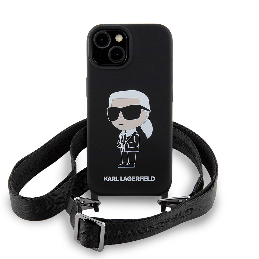 Hülle für Apple iPhone 15, Karl Lagerfeld, Silikon Crossbody Ikonik Karl, Schwarz