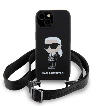 Hülle für Apple iPhone 15, Karl Lagerfeld, Silikon Crossbody Ikonik Karl, Schwarz