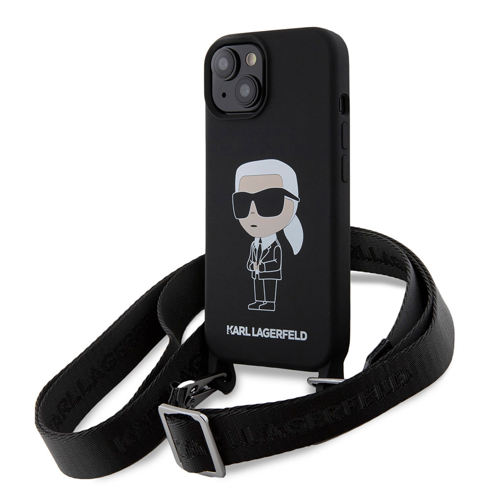 Hülle für Apple iPhone 15, Karl Lagerfeld, Silikon Crossbody Ikonik Karl, Schwarz