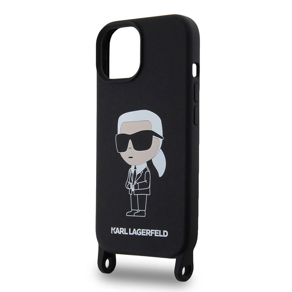 Hülle für Apple iPhone 15, Karl Lagerfeld, Silikon Crossbody Ikonik Karl, Schwarz