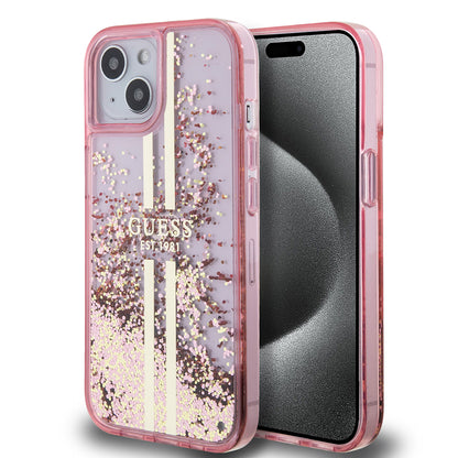 Case for Apple iPhone 15 Plus, Guess, Liquid Glitter Gold Stripes, Pink
