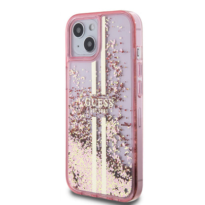 Case for Apple iPhone 15 Plus, Guess, Liquid Glitter Gold Stripes, Pink