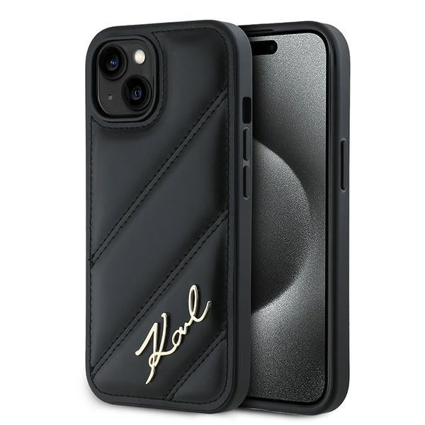 Étui pour Apple iPhone 15 Plus, Karl Lagerfeld, Diagonal Quilted Script, Noir