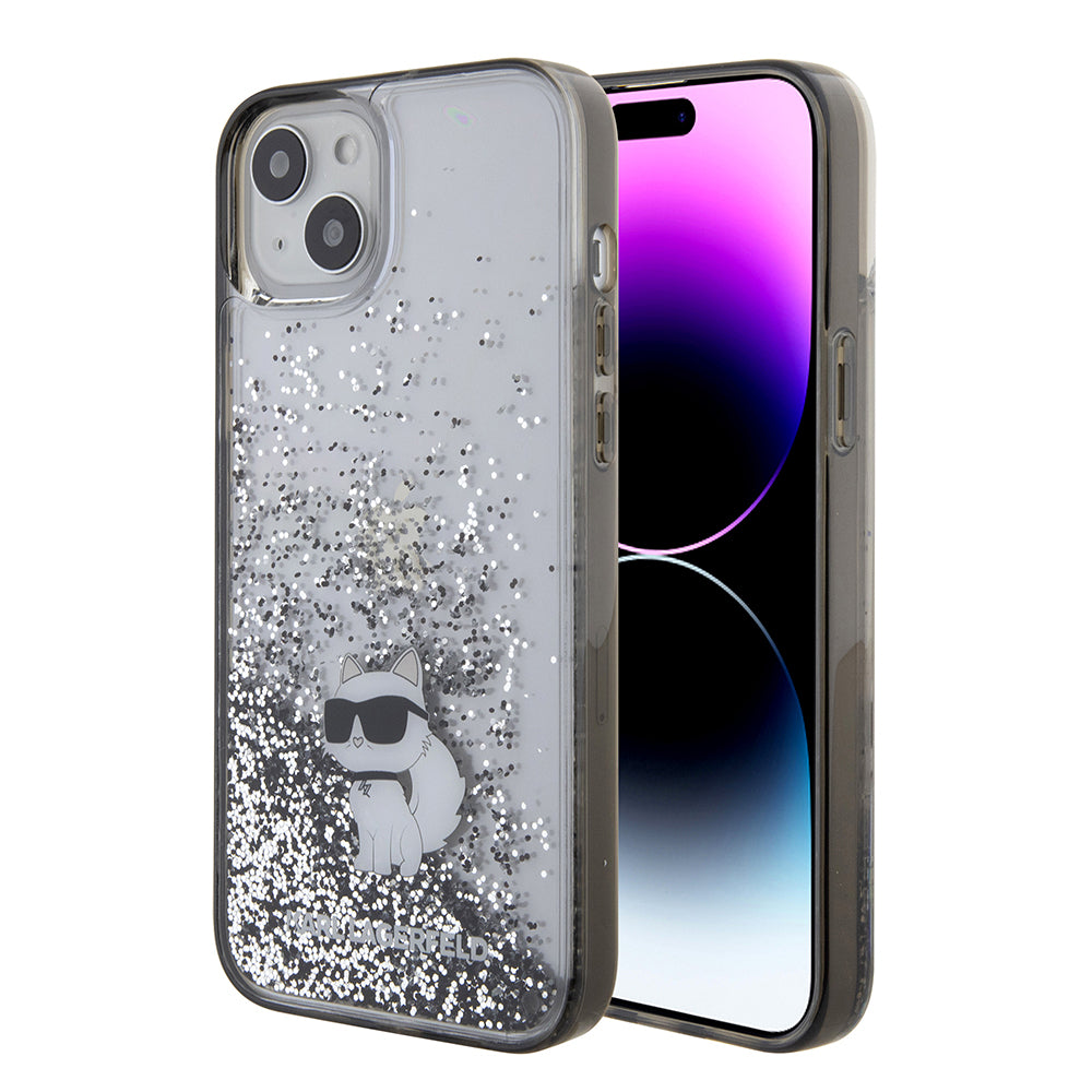 Hülle für Apple iPhone 15 Plus, Karl Lagerfeld, Liquid Glitter Choupette, Transparent