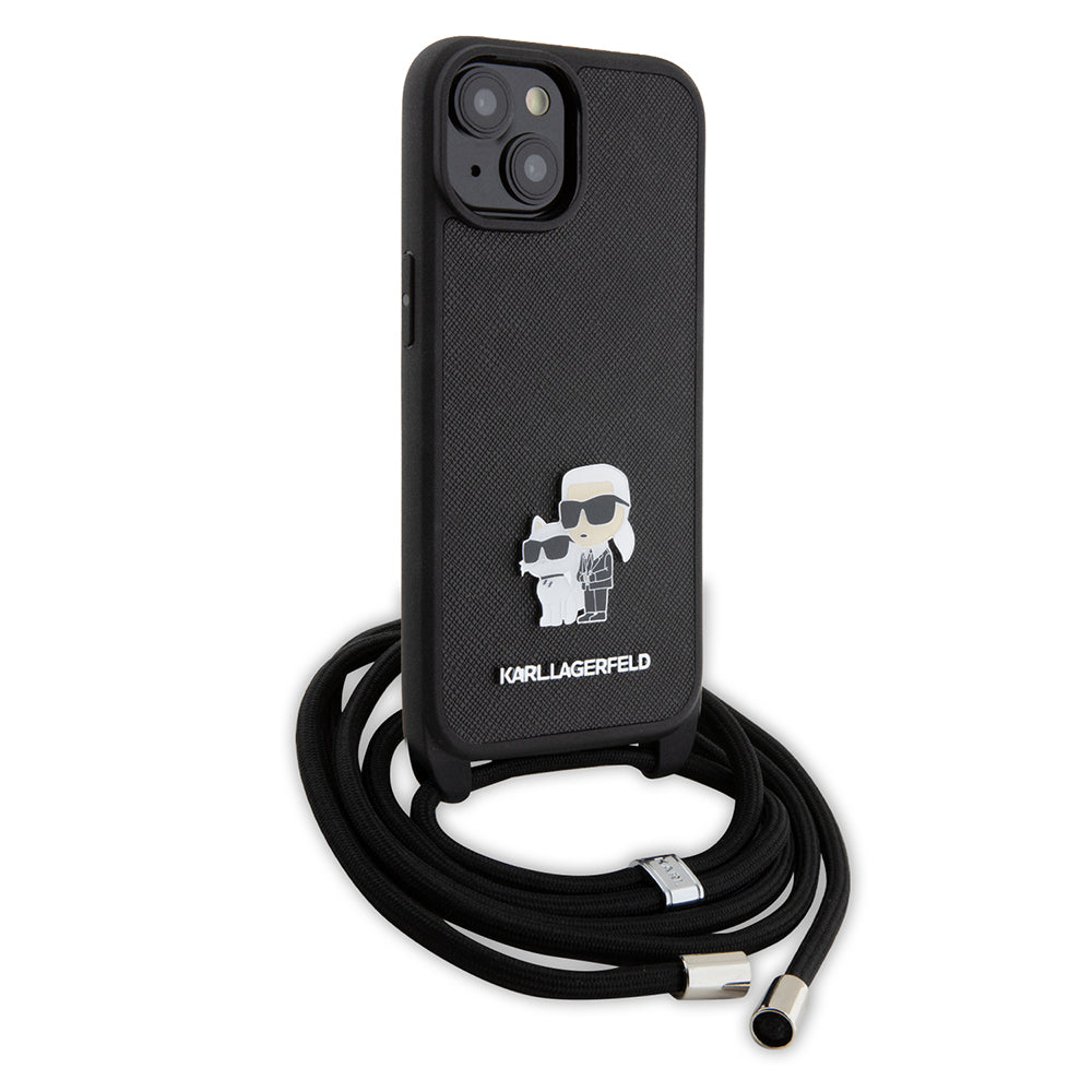 Étui pour Apple iPhone 15 Plus, Karl Lagerfeld, Saffiano Crossbody Metal Pin Karl & Choupette, Noir