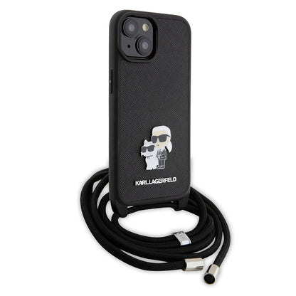 Étui pour Apple iPhone 15 Plus, Karl Lagerfeld, Saffiano Crossbody Metal Pin Karl & Choupette, Noir