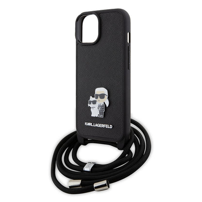 Étui pour Apple iPhone 15 Plus, Karl Lagerfeld, Saffiano Crossbody Metal Pin Karl & Choupette, Noir