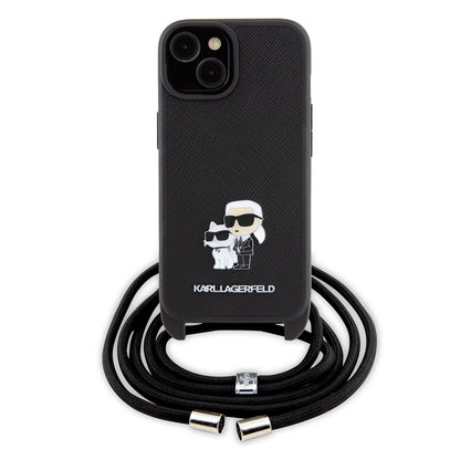 Étui pour Apple iPhone 15 Plus, Karl Lagerfeld, Saffiano Crossbody Metal Pin Karl & Choupette, Noir