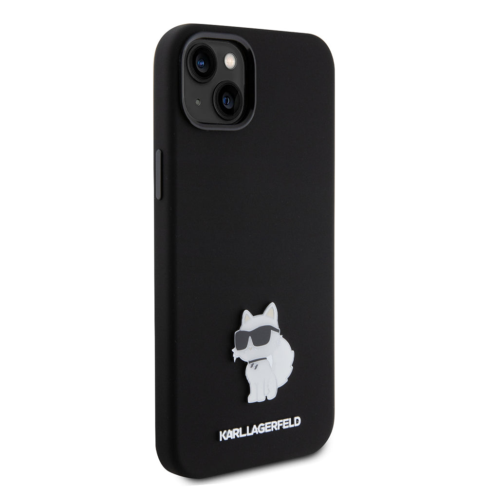 Hülle für Apple iPhone 15 Plus, Karl Lagerfeld, Silicone Choupette Metal, Schwarz