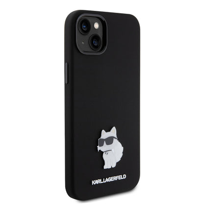 Hülle für Apple iPhone 15 Plus, Karl Lagerfeld, Silicone Choupette Metal, Schwarz
