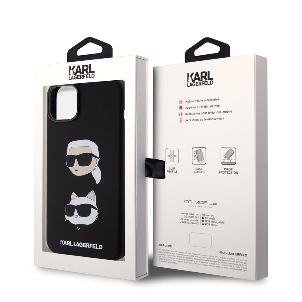 Étui pour Apple iPhone 15 Plus, Karl Lagerfeld, Silicone Karl & Choupette's Heads, Noir