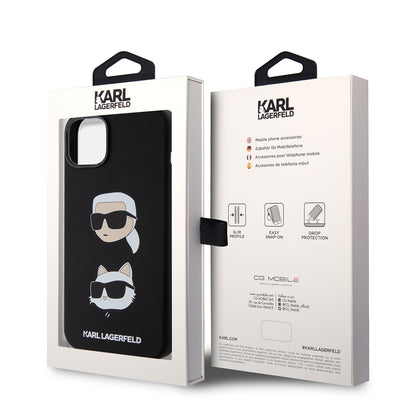 Étui pour Apple iPhone 15 Plus, Karl Lagerfeld, Silicone Karl & Choupette's Heads, Noir