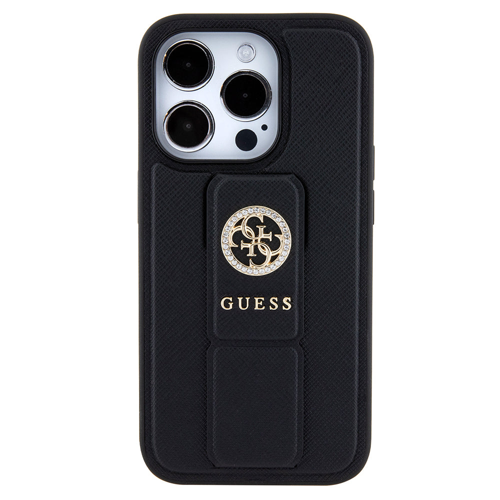 Hülle für Apple iPhone 15 Pro, Guess, Grip Stand 4G Saffiano Strass, Schwarz