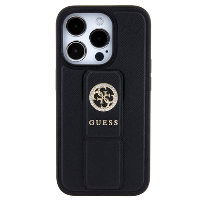 Hülle für Apple iPhone 15 Pro, Guess, Grip Stand 4G Saffiano Strass, Schwarz