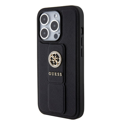 Hülle für Apple iPhone 15 Pro, Guess, Grip Stand 4G Saffiano Strass, Schwarz