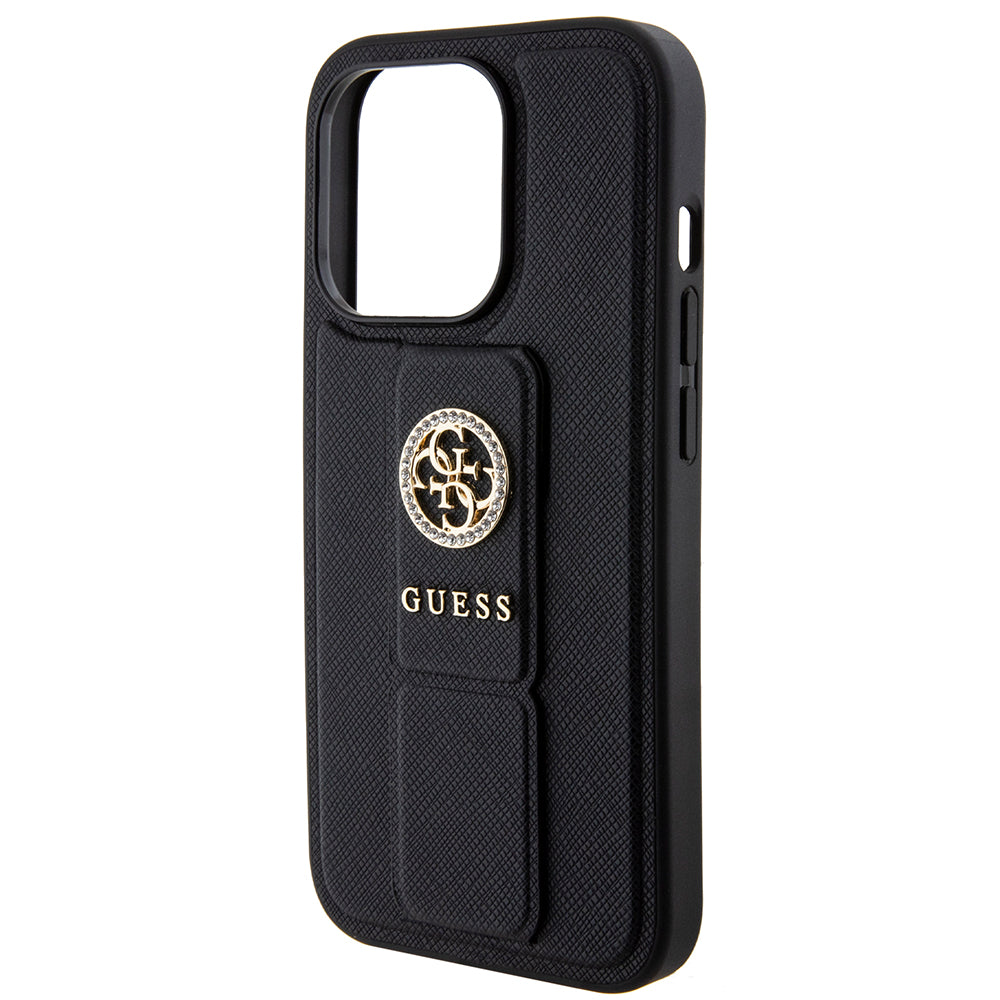 Hülle für Apple iPhone 15 Pro, Guess, Grip Stand 4G Saffiano Strass, Schwarz