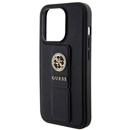 Hülle für Apple iPhone 15 Pro, Guess, Grip Stand 4G Saffiano Strass, Schwarz