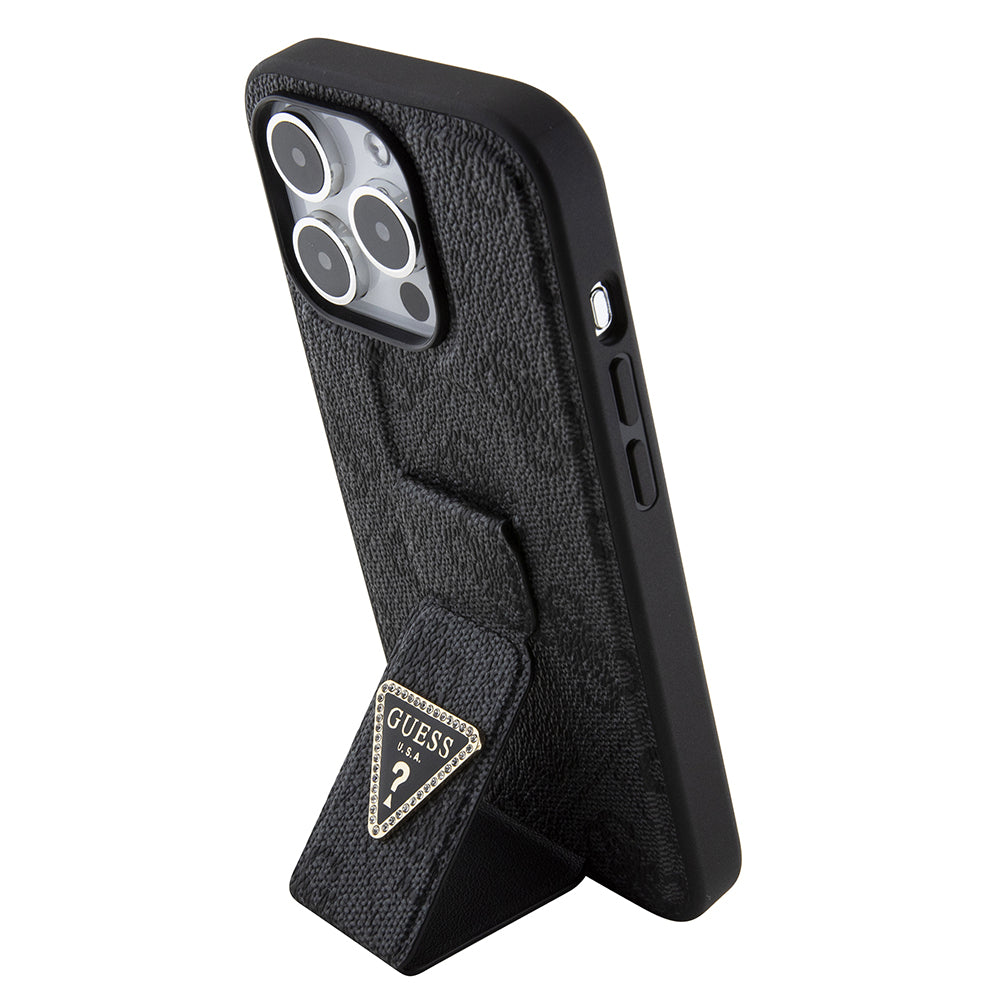 Case for Apple iPhone 15 Pro, Guess, Grip Stand 4G Triangle Strass, Black